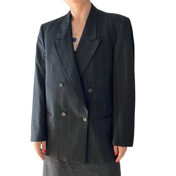Vintage Yves Saint Laurent YSL Gray Striped Wool Double Breasted Academia Blazer